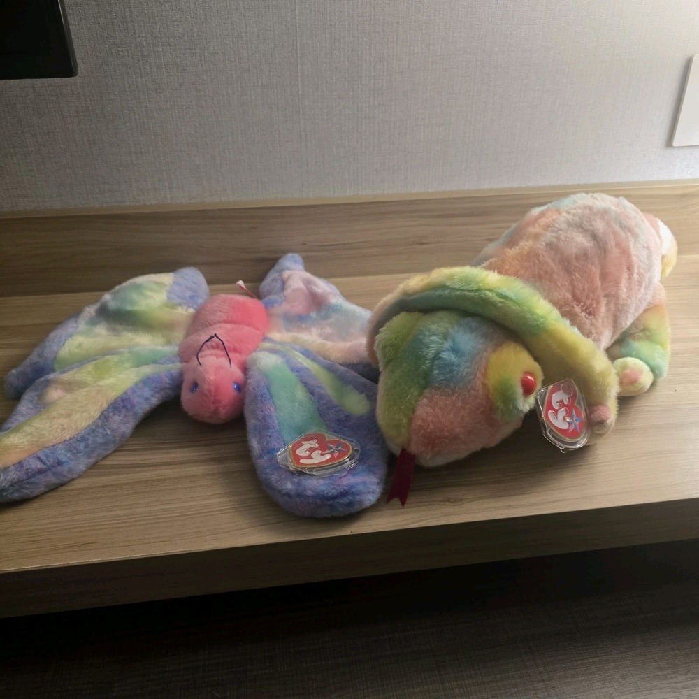 Ty Beanie Buddies Flitter Butterfly Rainbow Chameleon Plush Lot 2 Vintage 1999